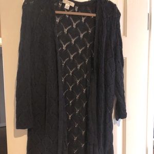 Navy open weave duster sweater